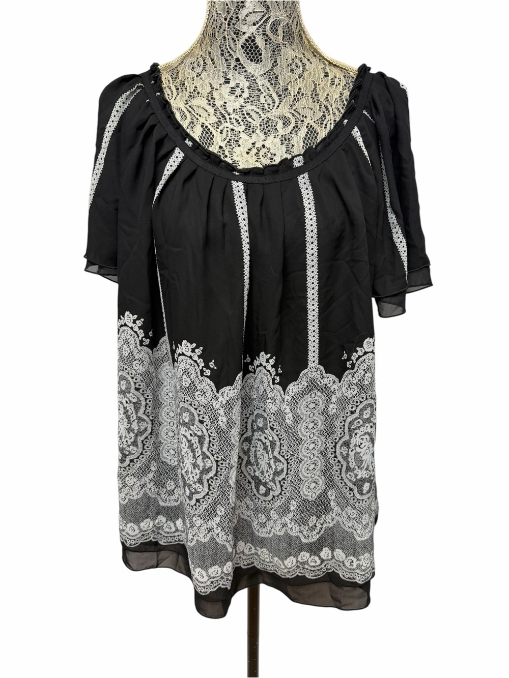Elementz Woman 3X Black White Lace Print Chiffon Peasant Blouse